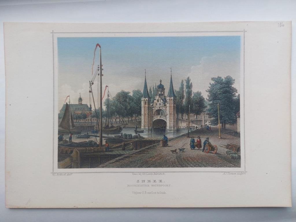 136 / Waterpoort te Sneek. Gekleurde staalgravure uit 1860, Ophalen of Verzenden