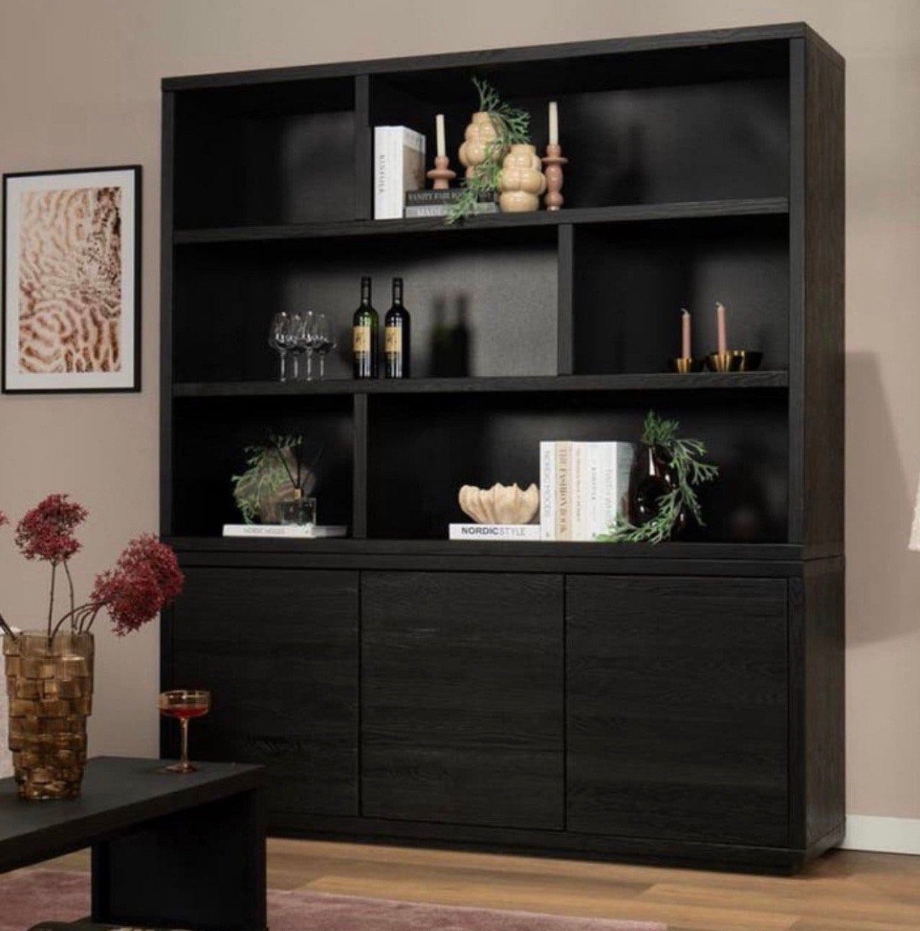 Buffetkast in zwart hout afm. 188b x 48d x 216h cm, Ophalen, Met deur(en), 200 cm of meer, Zo goed als nieuw