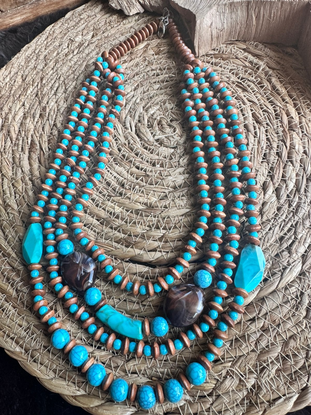 Boho halsketting / turquoise / vier lagen / beachwear, Sieraden, Tassen en Uiterlijk, Ophalen of Verzenden, Nieuw, Overige materialen