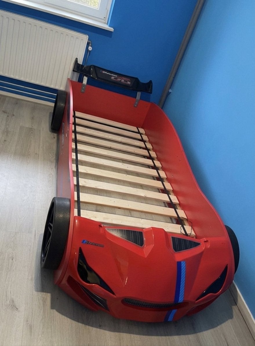 Race auto bed NIEUW, Ophalen, 85 tot 100 cm, Zo goed als nieuw, Lattenbodem