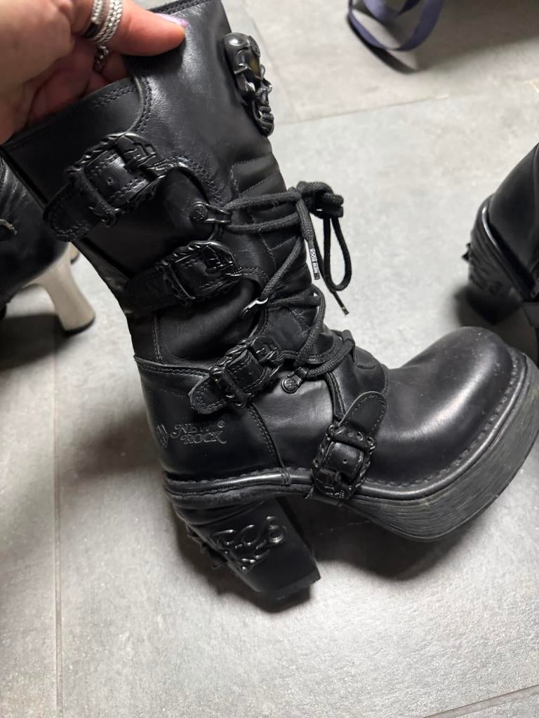 Stoere New Rock half laarzen, maat 38/39, van leer, Verzenden, Gedragen, Zwart, Lage of Enkellaarzen