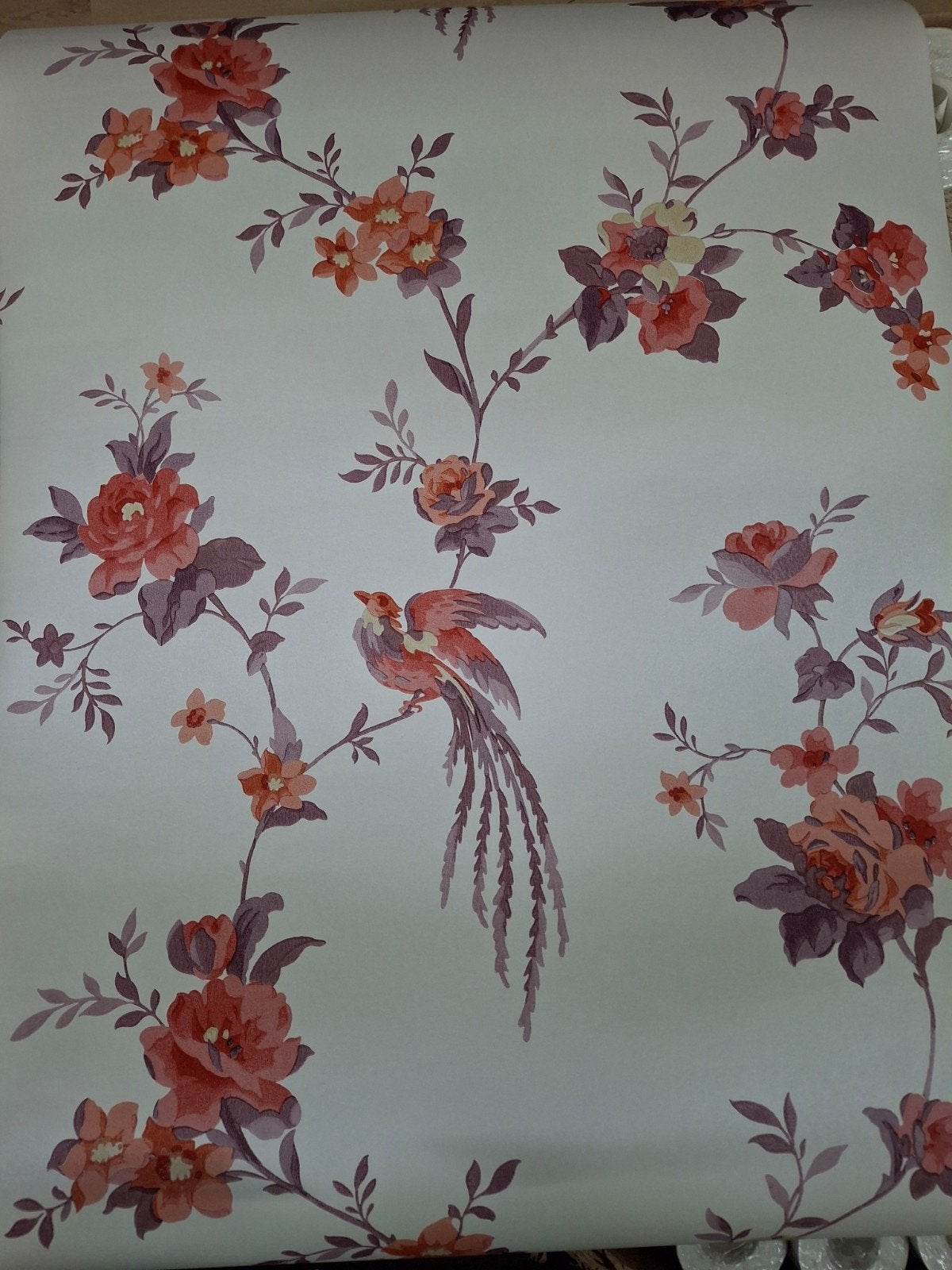 Vliesbehang met bloemen en vogelpatroon - Rasch 1861, Ophalen of Verzenden, Minder dan 10 m², Oranje, Klassiek, Bloemen, Vogel