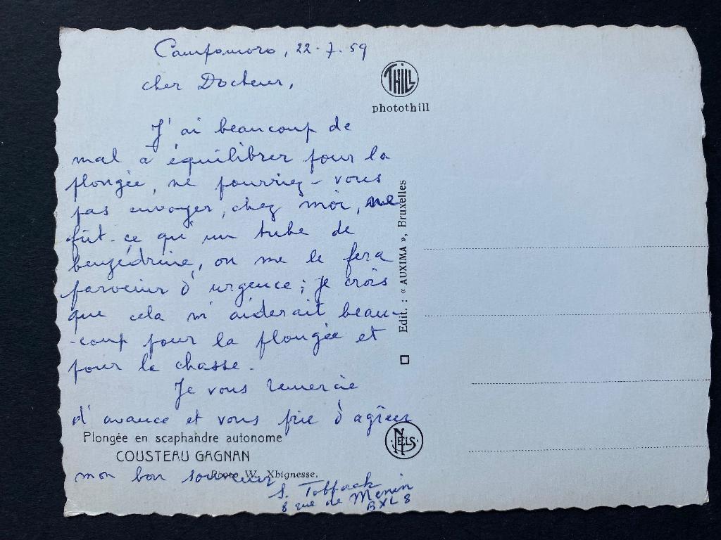 Ansichtkaart Cousteau duiker / 1959, Ophalen of Verzenden, 1940 tot 1960, Gelopen, Overige thema's