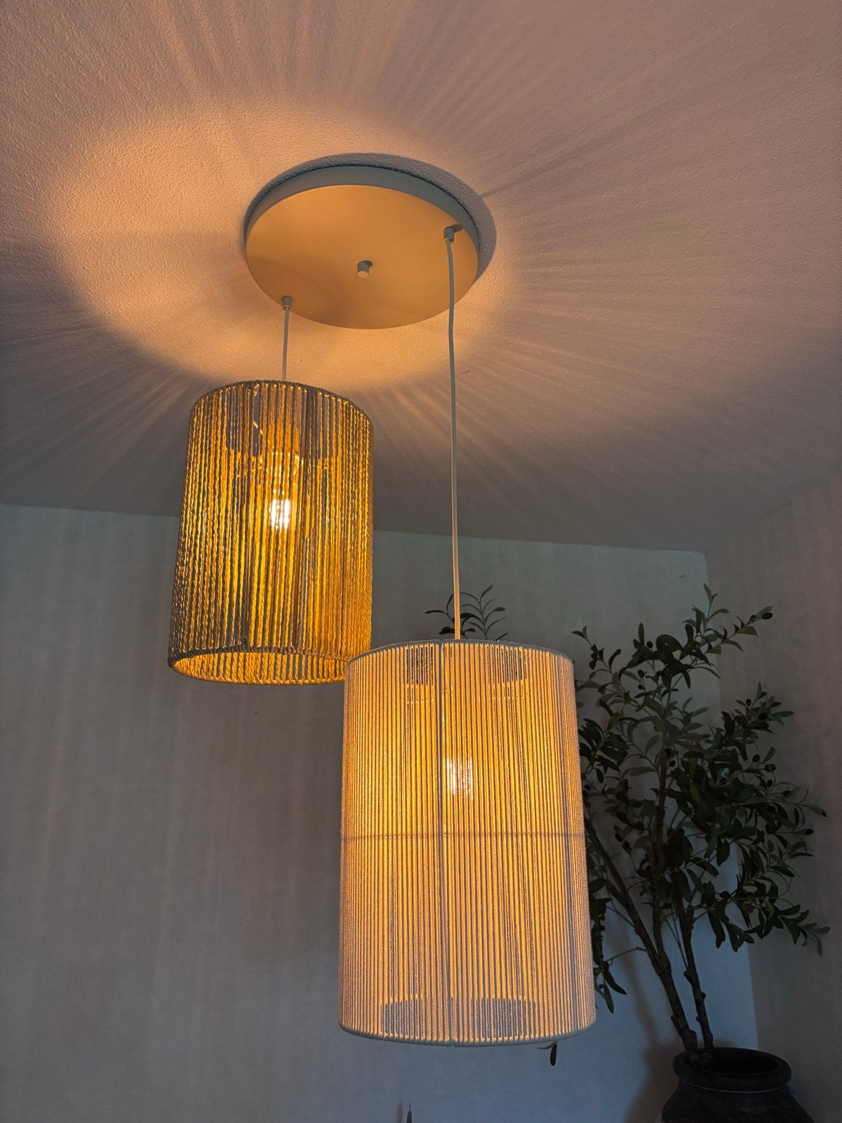 Set van 2 hanglampen, Ophalen, Zo goed als nieuw, Textiel, E27 (groot)