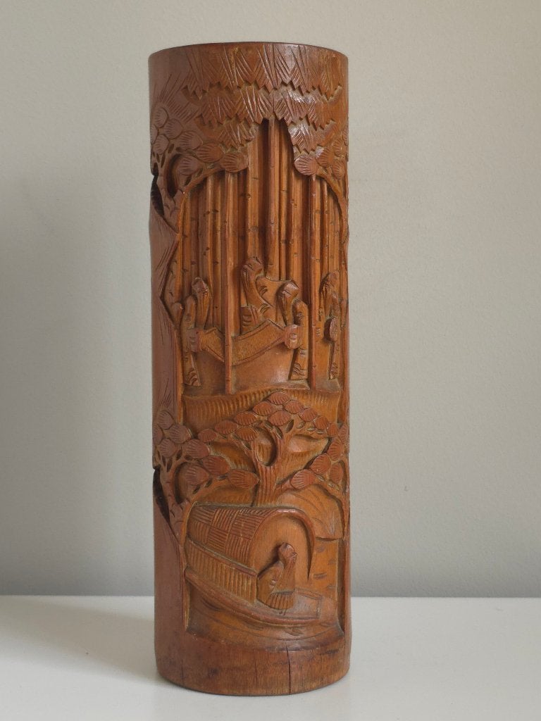 Grote Antieke Chinese Bamboe Penselenkoker 32cm, Ophalen of Verzenden