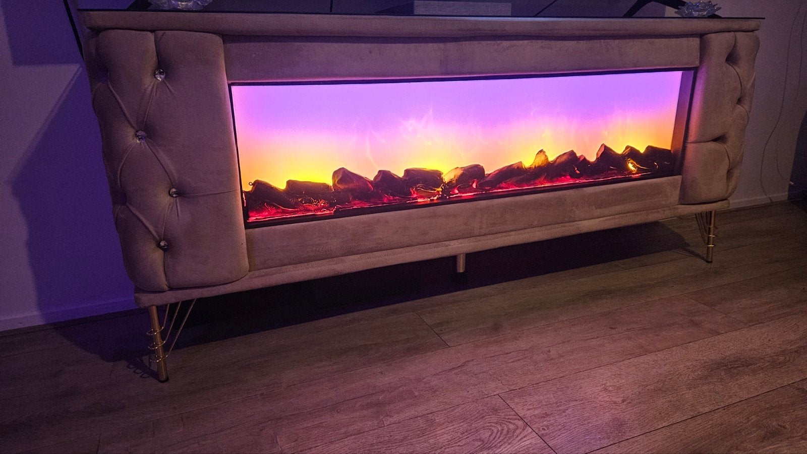 TV-meubel met ingebouwde elektrische haard, Ophalen, 150 tot 200 cm, Zo goed als nieuw, Modern, Glamour