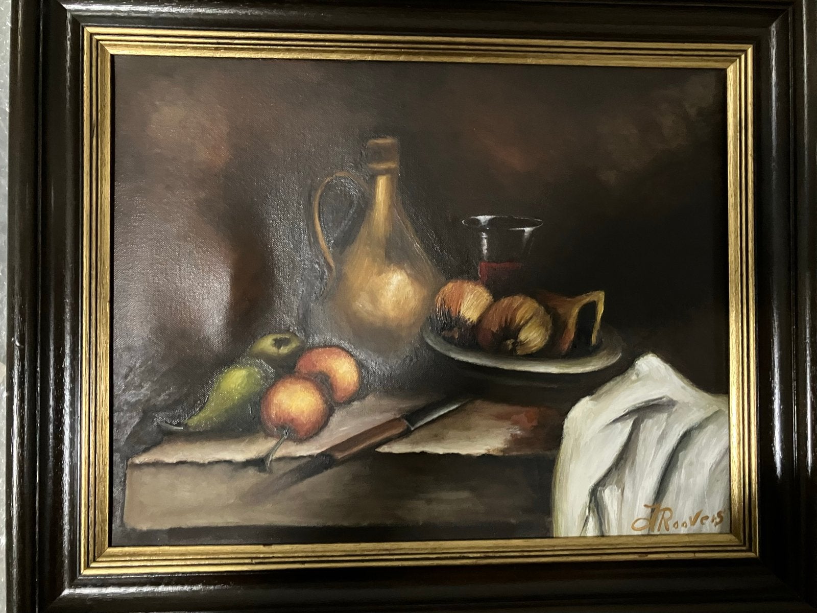 Stilleven met fruit en kan - Olieverfschilderij, Antiek en Kunst, Ophalen, Doek, Stilleven, Gesigneerd