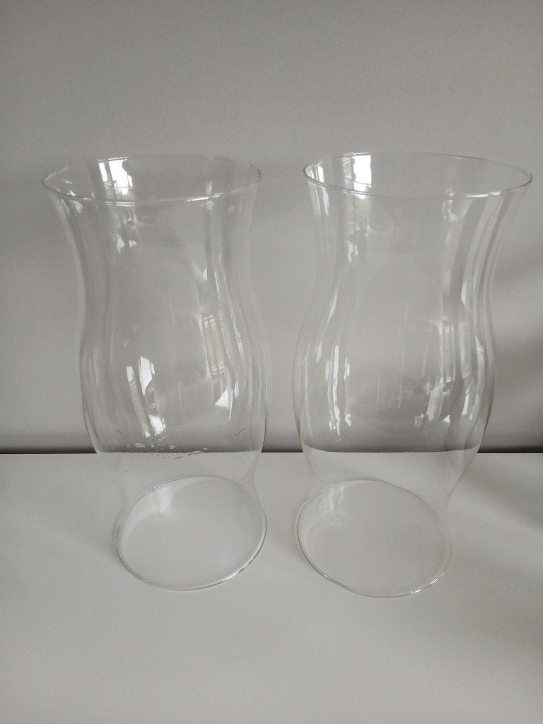 Set van 2 Symmetrische Glazen Windlichten - 35cm Hoog, Ophalen, Windlicht, Gebruikt, Beige