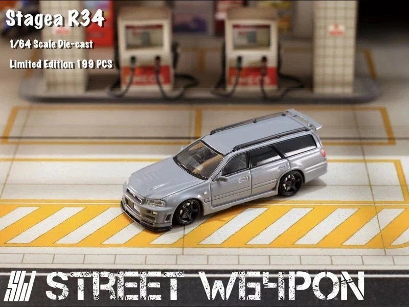 Nissan Skyline Stagea R34 van Street Warrior 1/64 grijs, Ophalen of Verzenden, Nieuw, Auto