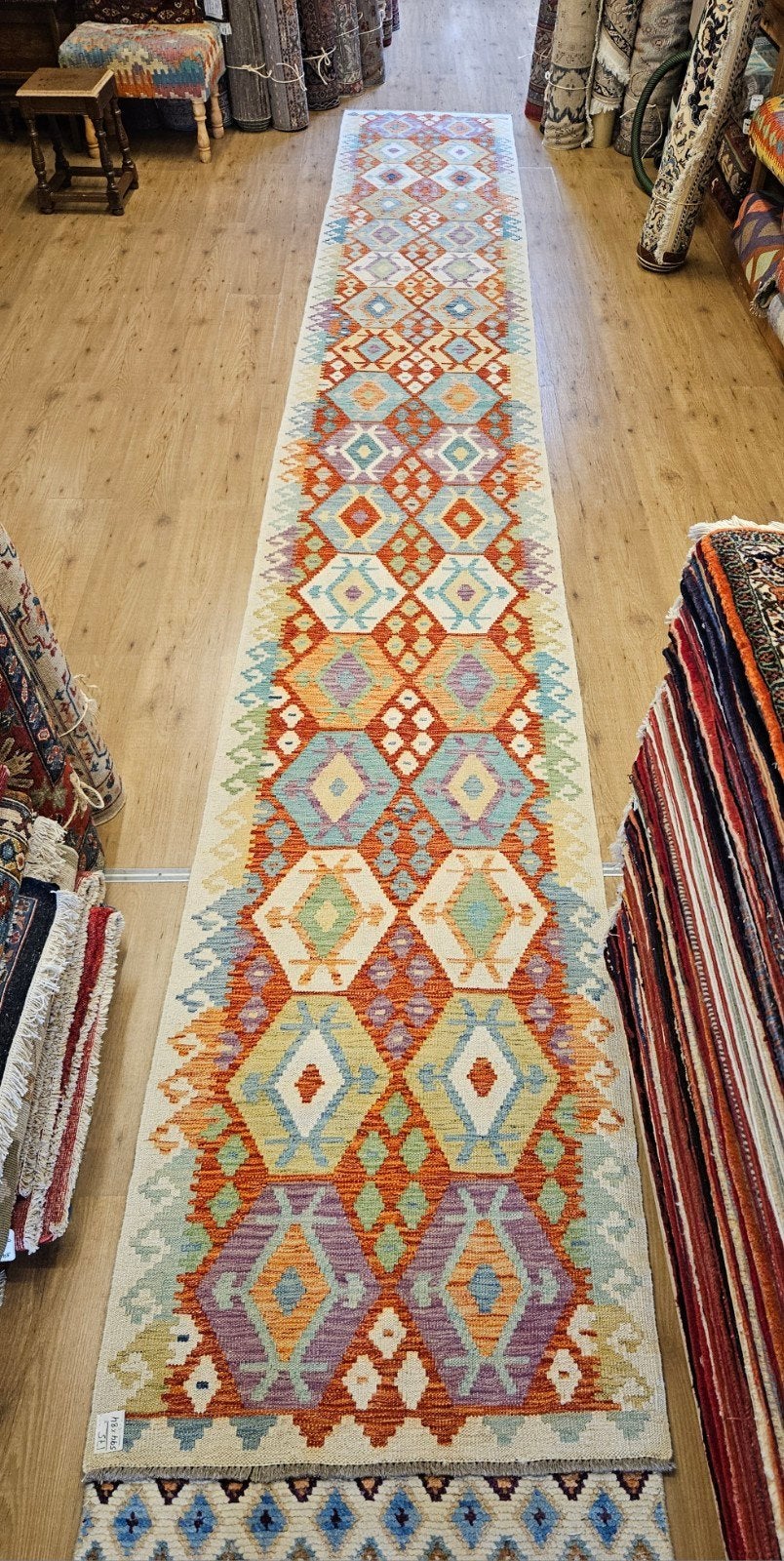 Handgeweven oosterse wollen kelim loper 594x84, Info@SlatsAntiek.nl, Geel, Vof Slats Antiek, Kelim