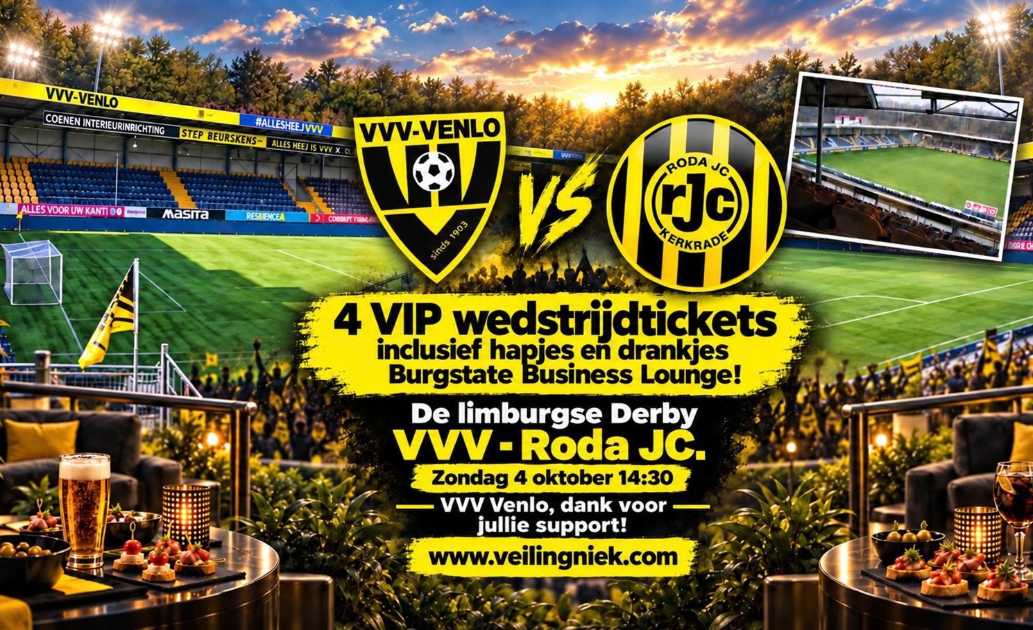 4 VIP wedstrijdtickets VVV Venlo - Roda JC KKD kaartjes, Tickets en Kaartjes, Losse kaart, Drie personen of meer, Oktober