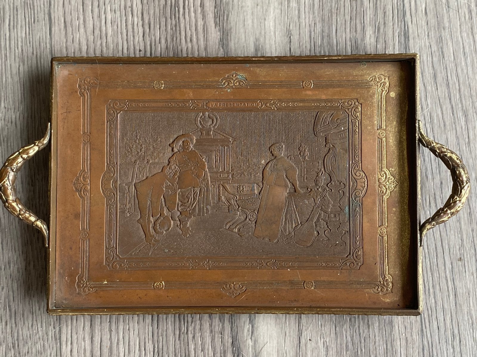 Antiek koperen Frans dienblaadje met gravure Ferre & Bottini, Antiek en Kunst, Antiek | Koper en Brons, Ophalen of Verzenden, Koper