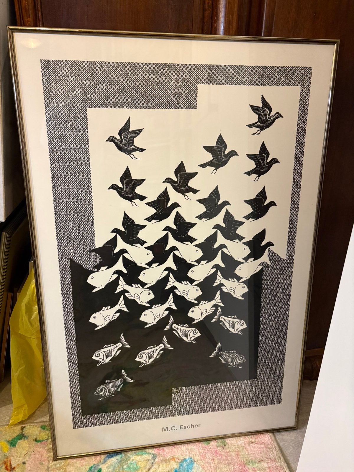 Escher poster in lijst, Ophalen, Hangend, Gebruikt, 63 cm