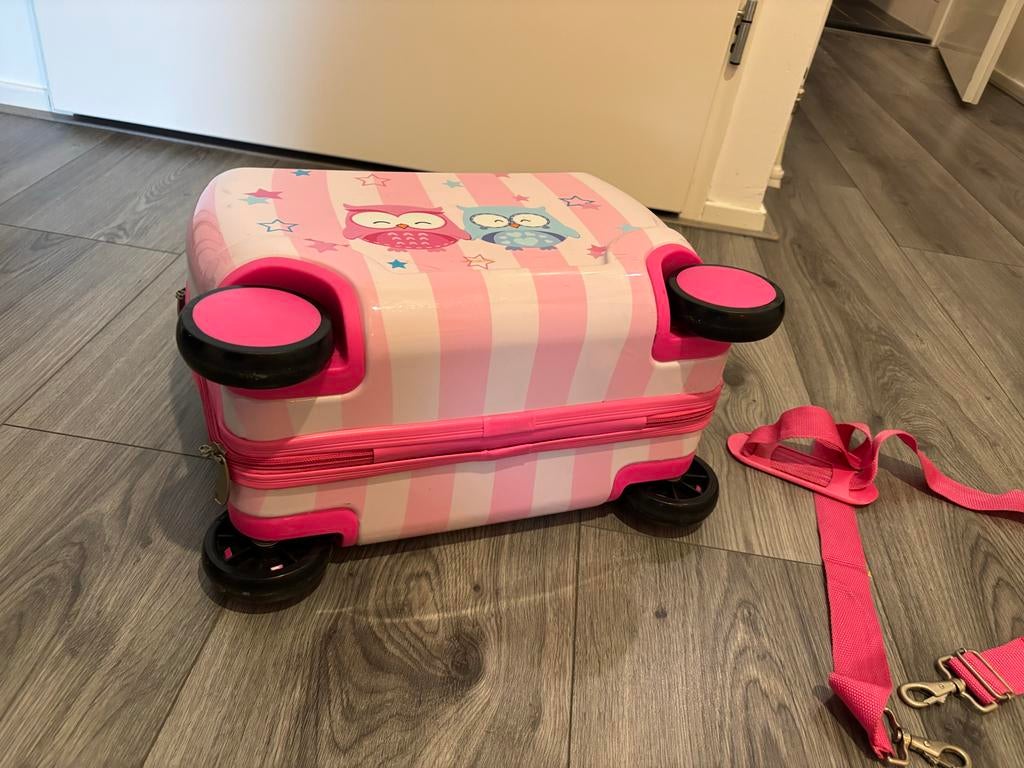 Leuke roze kinderkoffer met uiltjes en wieltjes, Wieltjes, Hard kunststof, Minder dan 50 cm, Ophalen of Verzenden