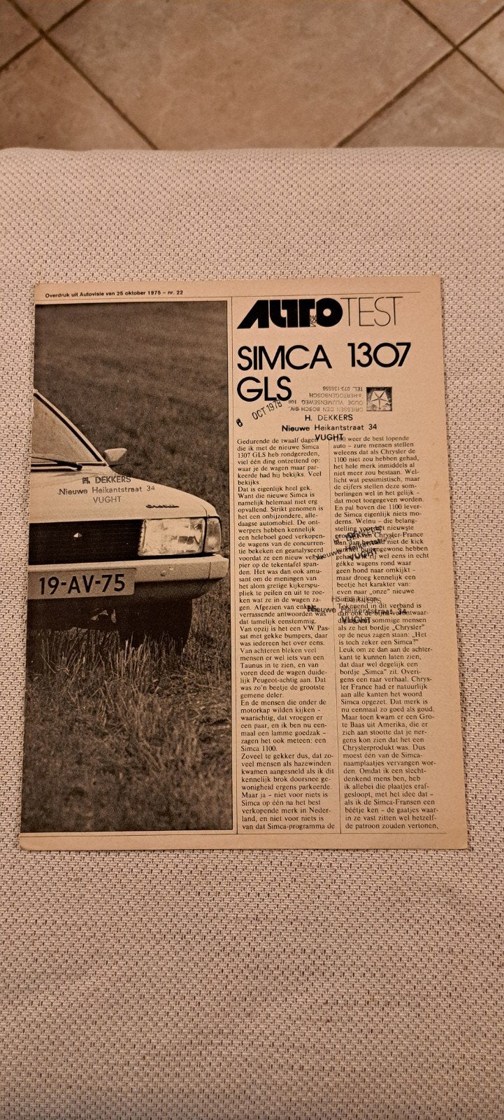simca 1307 autovisie test 1975, Ophalen of Verzenden, Gelezen, Overige merken