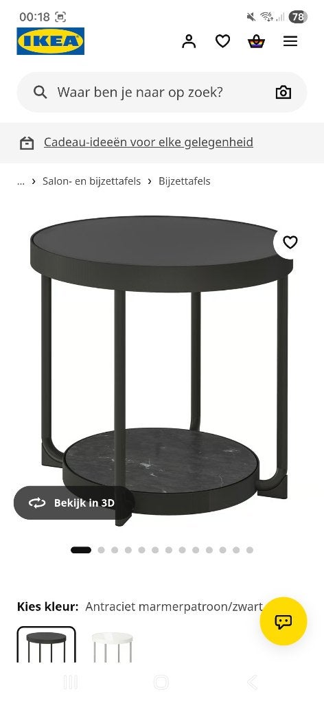 Frotorp tafeltje 48 CM zwart/marmer, Huis en Inrichting, Ophalen, Minder dan 50 cm, 50 tot 100 cm, Rond