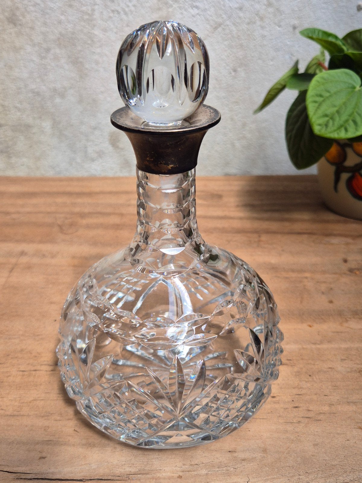 Antieke Karaf Geperst Glas met Sterling Zilveren Kraag, Ophalen of Verzenden