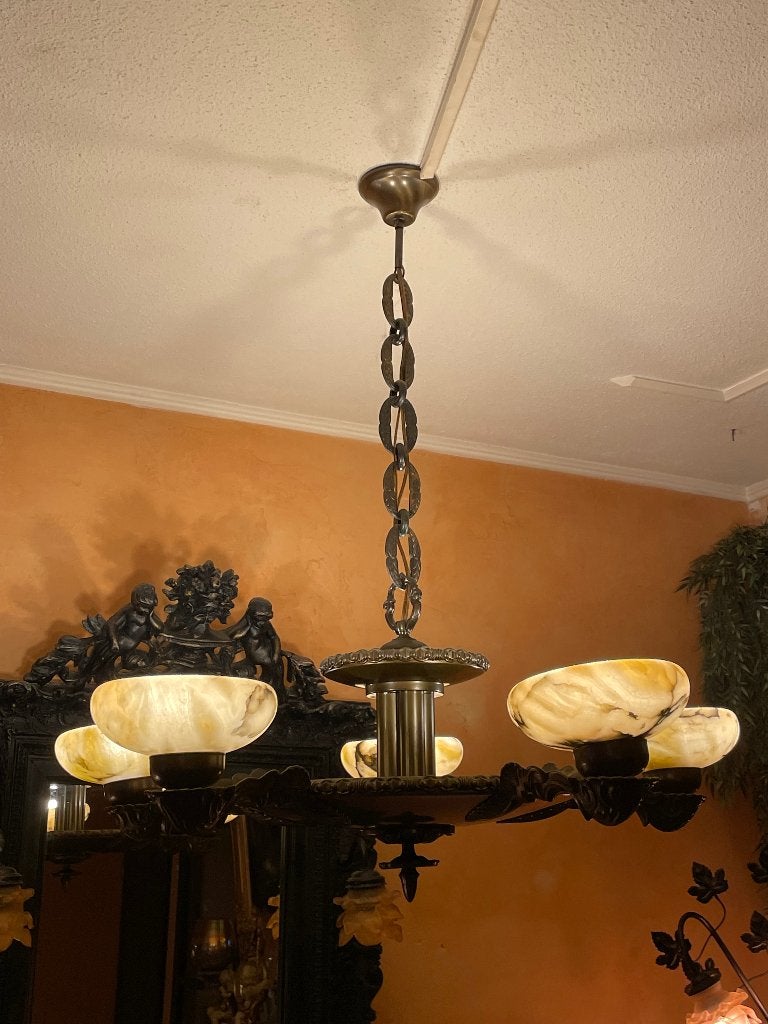 Jugendstill 5 arms kroonluchter met albast of marmer €175,00, Ophalen