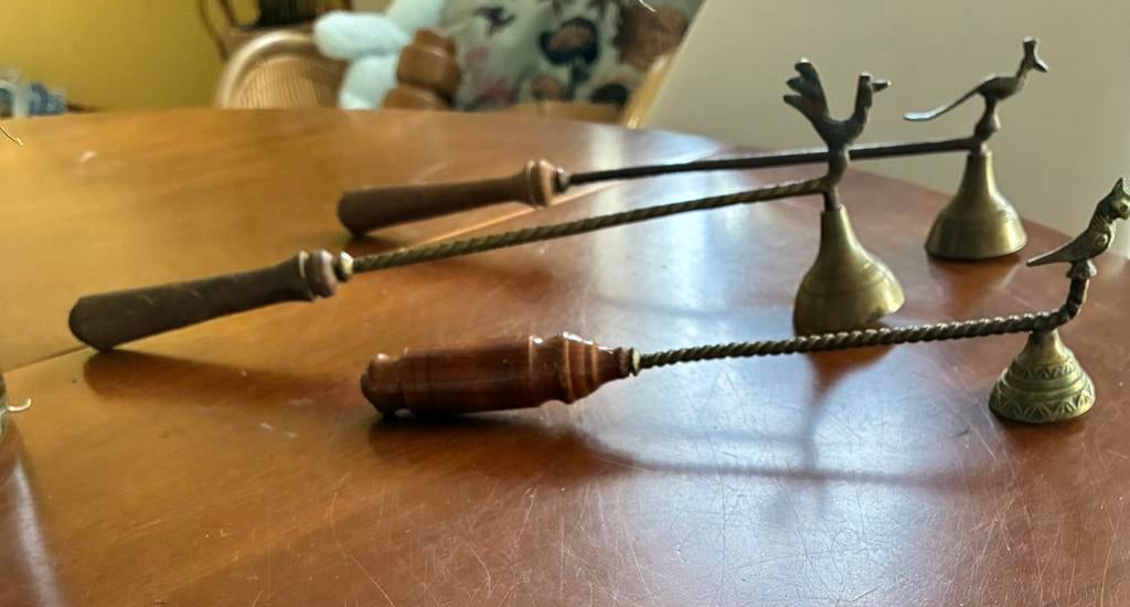 3 antieke koperen kaarsendover met vogel, Ophalen of Verzenden