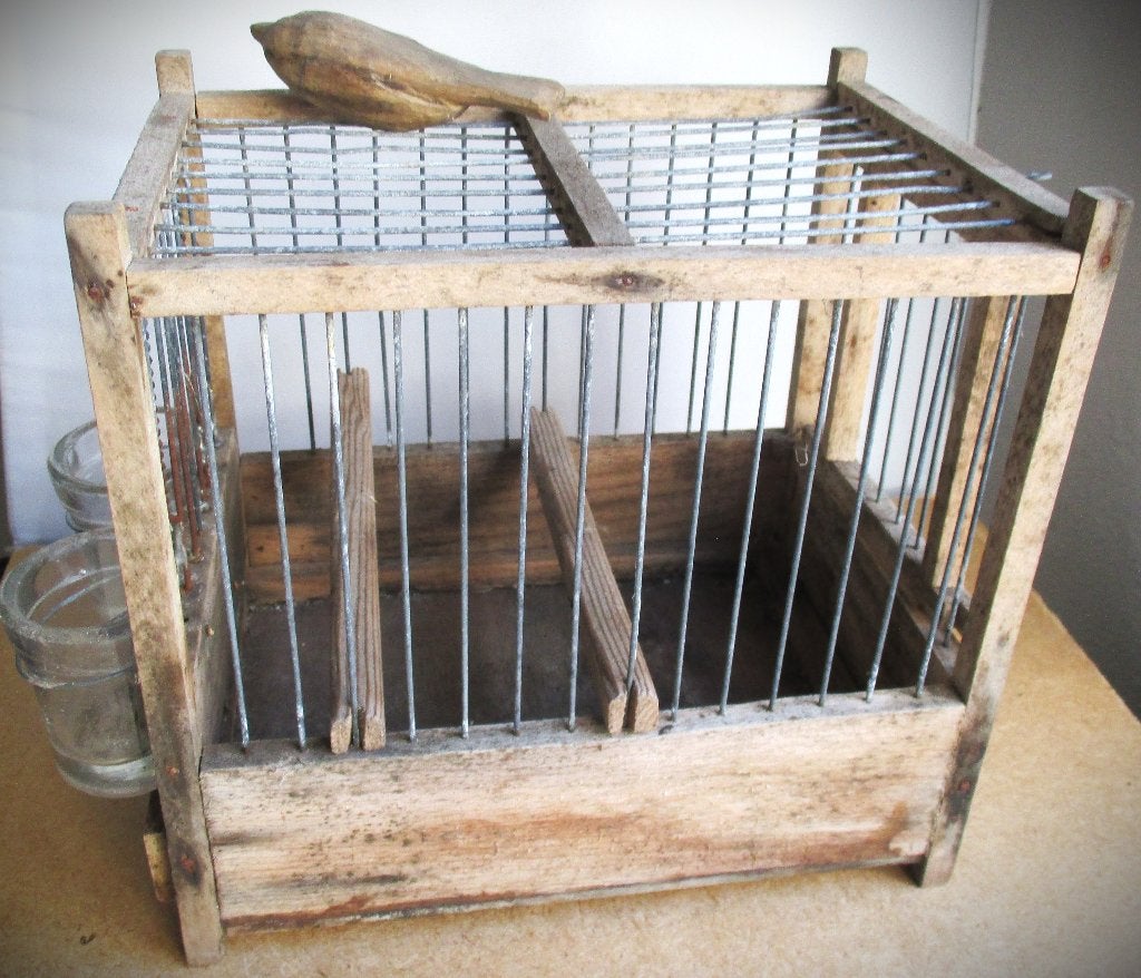 Vogelkooi~Antiek Houten Vogelkooitje met voerbakjes glas, Ophalen of Verzenden