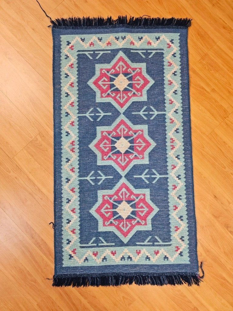 Uniek kelim kleed 121/66, 100 tot 150 cm, Blauw, Djt@dejuistetoon.eu, Ophalen of Verzenden