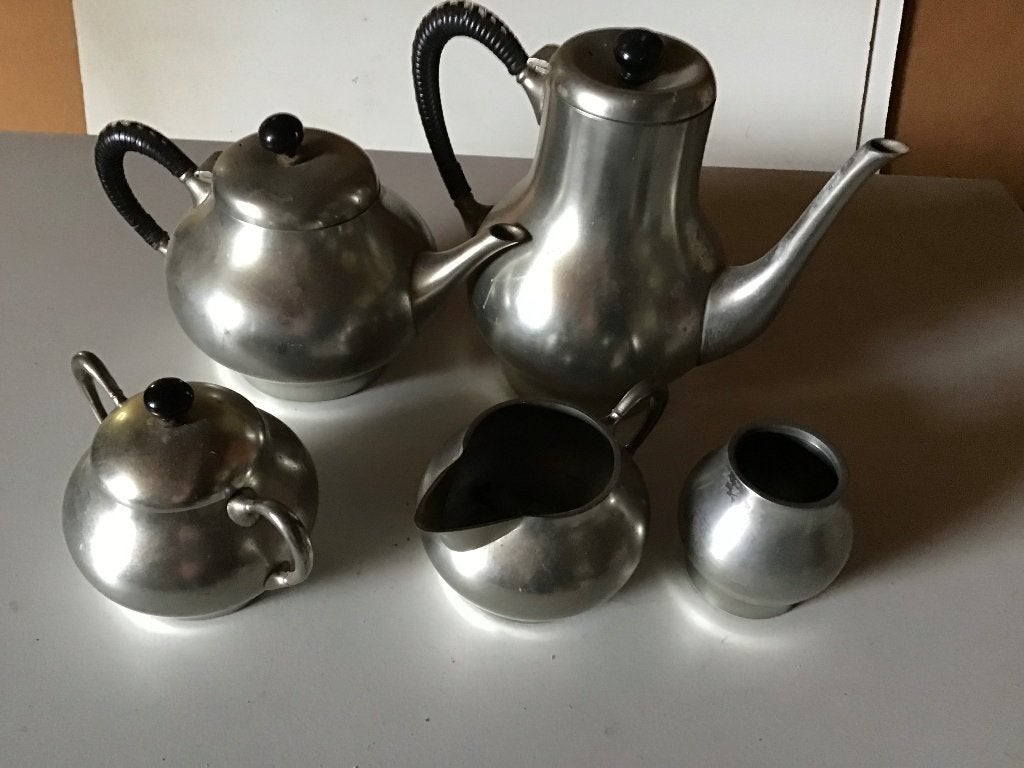 Vintage Tinnen Koffie- en Theeservies (5-delig), Antiek en Kunst, Ophalen of Verzenden