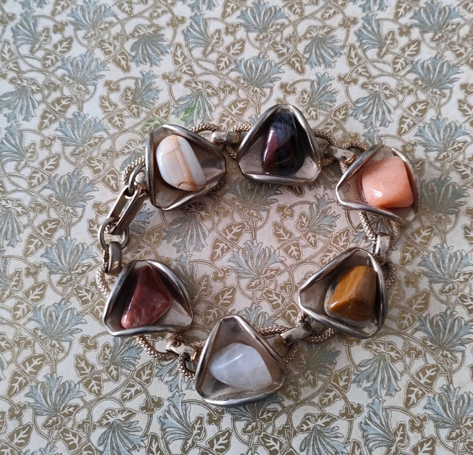 Vintage mid Century schakel armband met gepolijste kwarts., Ophalen of Verzenden, Gebruikt, Staal, Met edelsteen