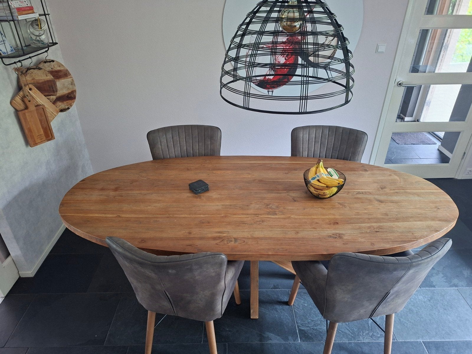 Teakhouten ovale eettafel 240x110cm met 4 stoelen, Ophalen, Gebruikt, 100 tot 150 cm, Teakhout