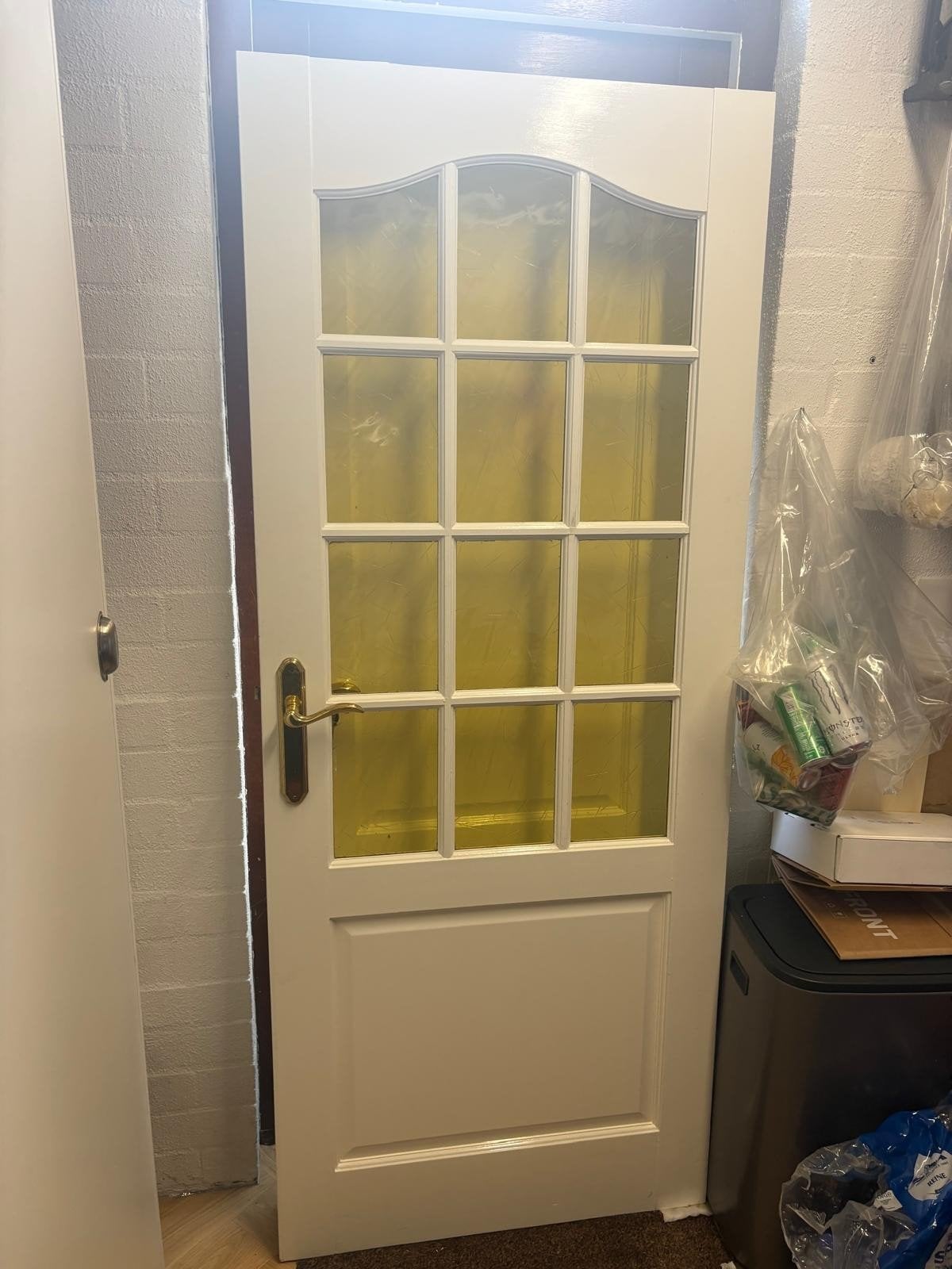 HARDHOUTEN binnendeur met glaspanelen en messing klink, Gebruikt, 80 tot 100 cm, Binnendeur, Ophalen of Verzenden