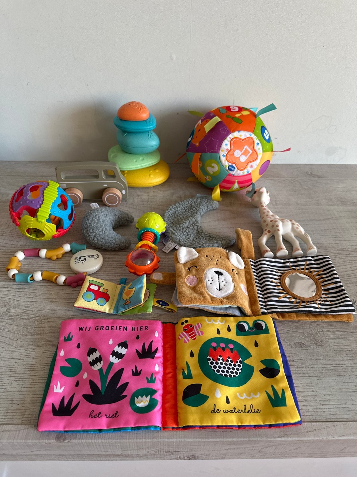 Grote set babyspeelgoed: rammelaars, knisperboekjes, ballen, Ophalen of Verzenden, Gebruikt, Overige typen, Met geluid