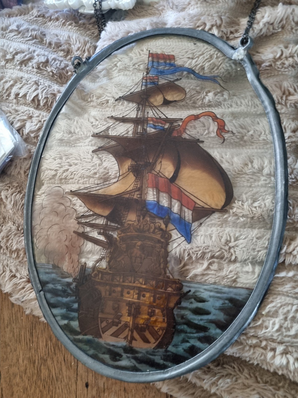Vintage raamhanger met zeilschip - Nederlands vlag, Ophalen