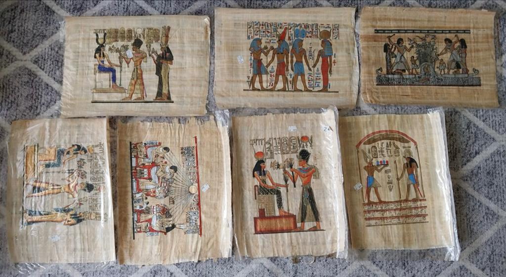 Set van 7 Egyptische papyrus schilderijen, Postzegels en Munten, Postzegels | Volle albums en Verzamelingen, Ophalen