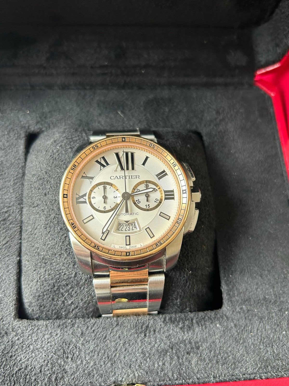 Cartier Calibre Chronograaf staal rosegoud 42mm, Staal, Polshorloge, Ophalen of Verzenden, Zo goed als nieuw