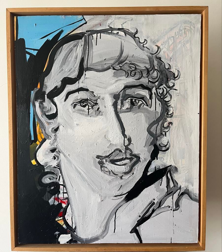 Abstract Portret van Rachid Benali in Houten Baklijst, Antiek en Kunst, Kunst | Schilderijen | Modern, Ophalen of Verzenden