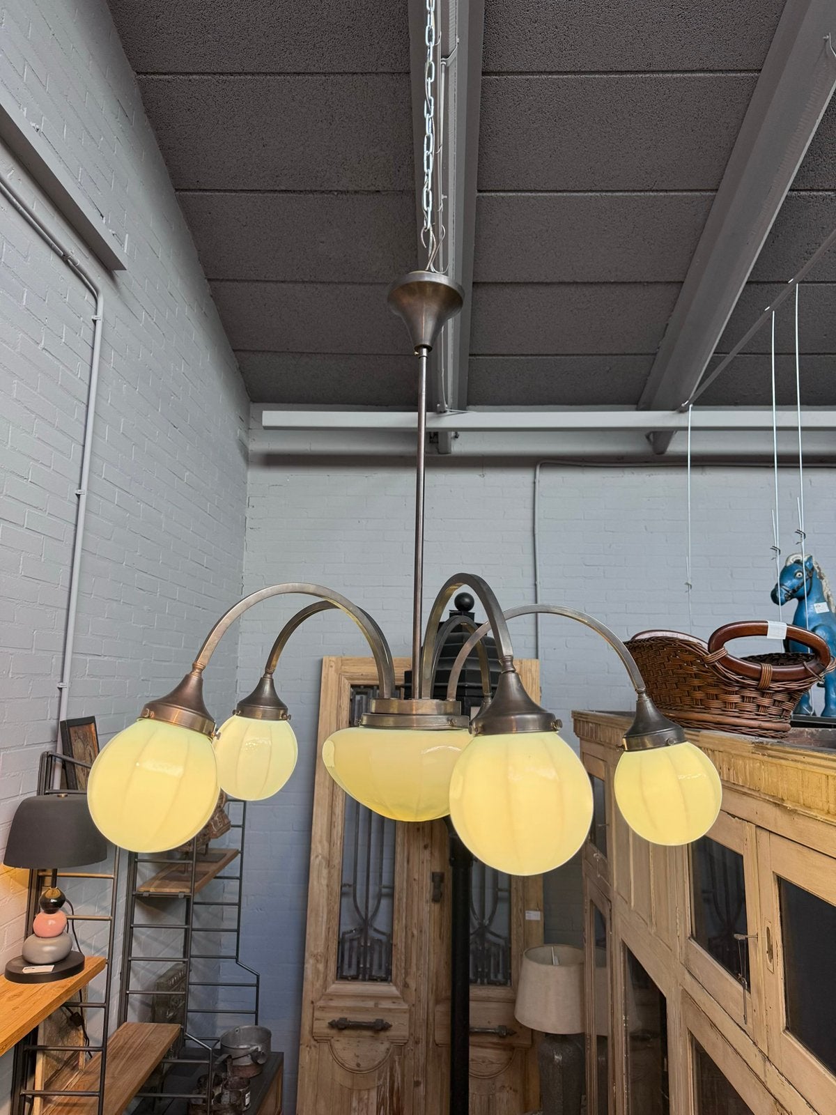 Vintage Art Deco kroonluchter met 6 glazen lichtpunten, Ophalen of Verzenden, Zo goed als nieuw, Glas