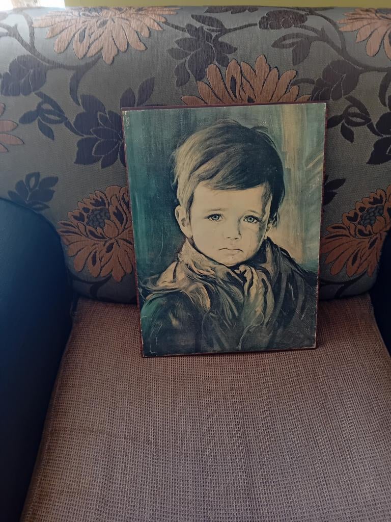 Vintage prent, met houten plaat en touw., Ophalen of Verzenden