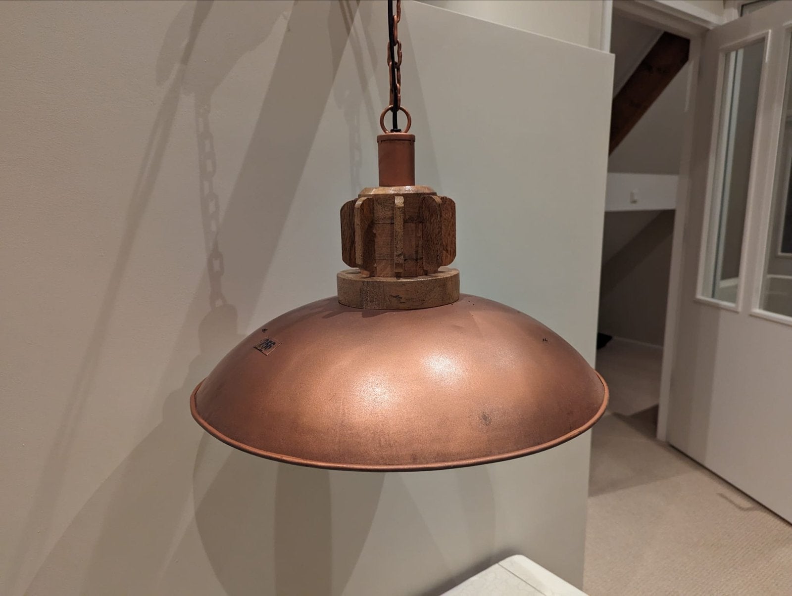 Koperen Hanglampen met Houten Details - Industriële stijl 2x, Ophalen, Zo goed als nieuw, Metaal, E27 (groot)