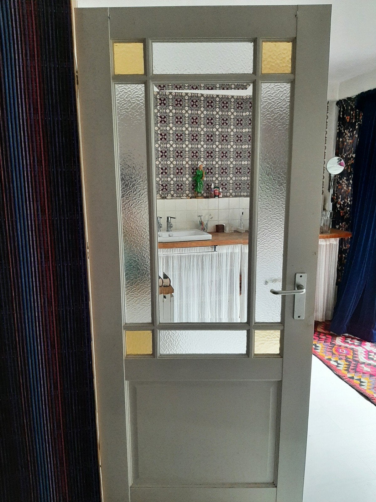 paneeldeur, hout/gekleurd glas, Ophalen, Gebruikt, Binnendeur, 200 tot 215 cm