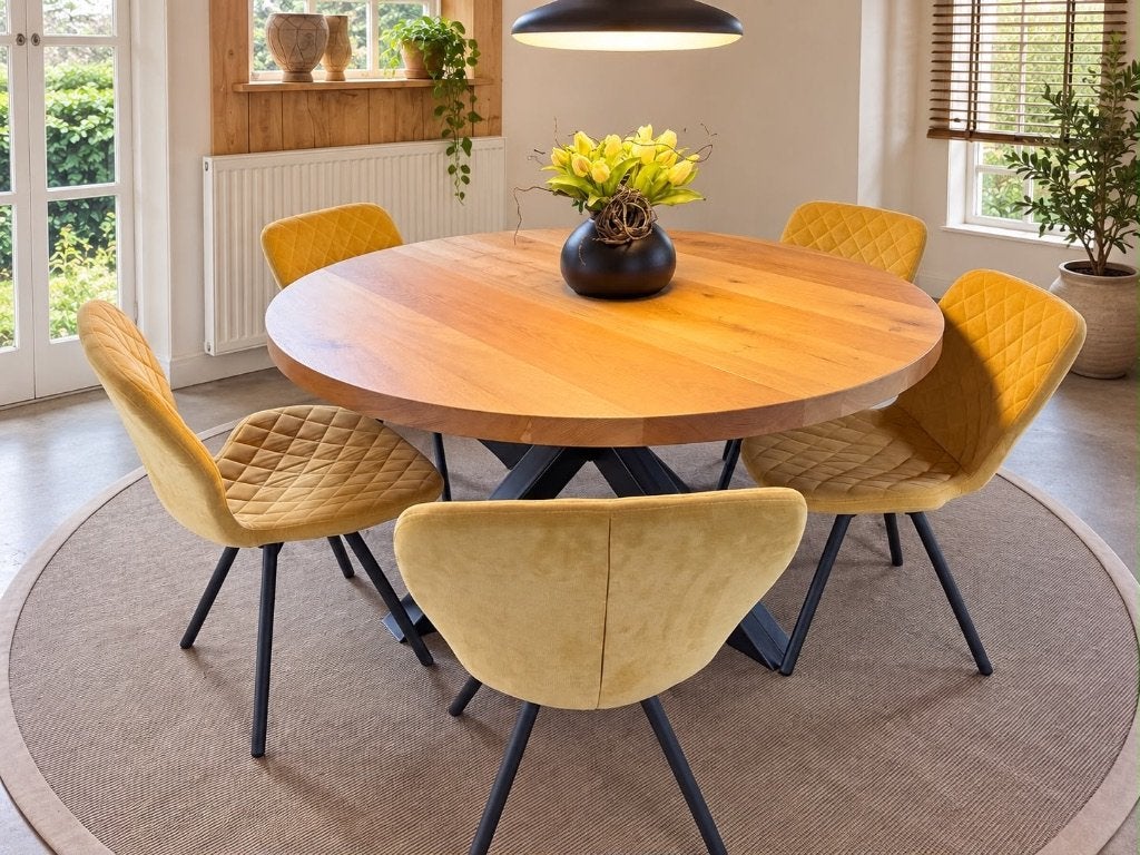 Ronde eikenhouten tafel zwart metalen onderstel + 5 Stoelen
