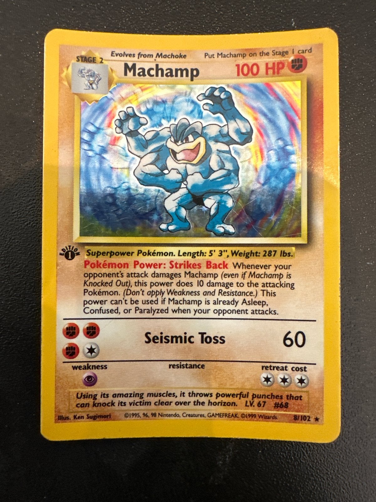 Machamp 1st Edition Holo Pokémon Kaart - Base Set, Ophalen of Verzenden, Gebruikt, Losse kaart, Foil