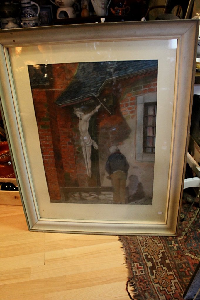 Antiek religieus pastel krijt schilderij 1926 Jesus Christus, Ophalen, Portret of Personen, Ingelijst, Klassiek