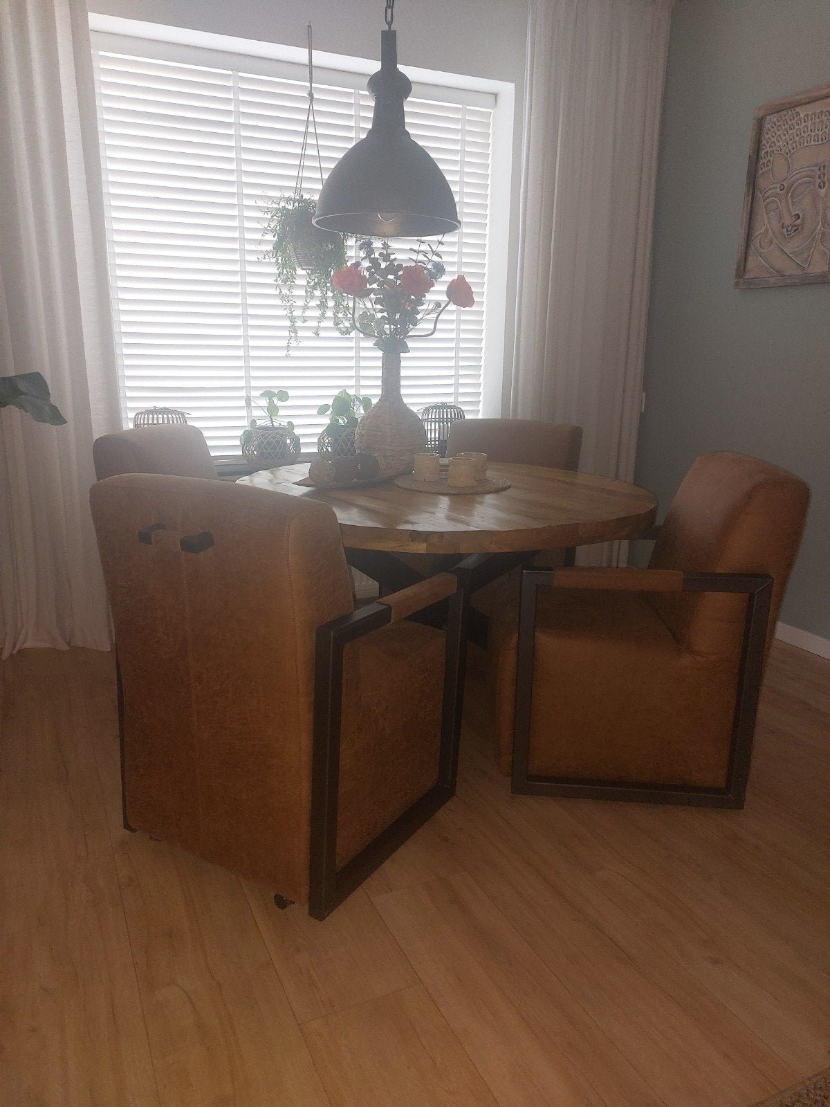 Eettafel met 4 bruine stoelen op wieltjes, Gebruikt, Rond, Vier personen, Ophalen