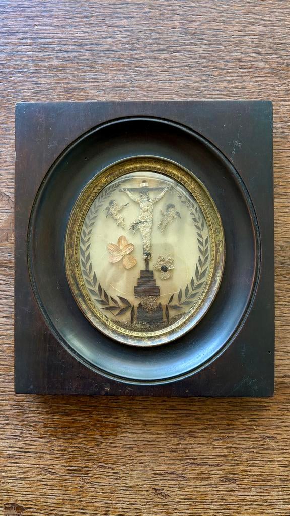 Antiek victoriaans haarwerk met mooie houten lijst, Ophalen of Verzenden