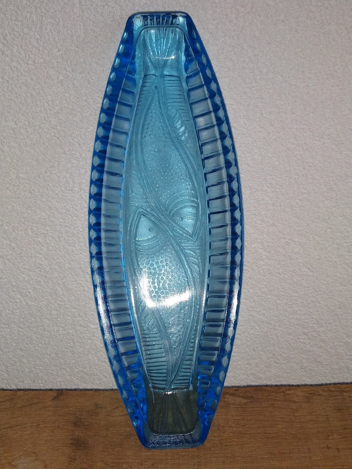 Vintage blauw glazen haringschaaltje met vissenmotief, Ophalen of Verzenden
