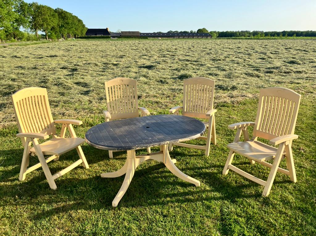 Complete gele Hartman tuinset – 4 standenstoelen & tafel, Tuin en Terras, Tuinsets en Loungesets, Ophalen, 4 zitplaatsen, Kunststof