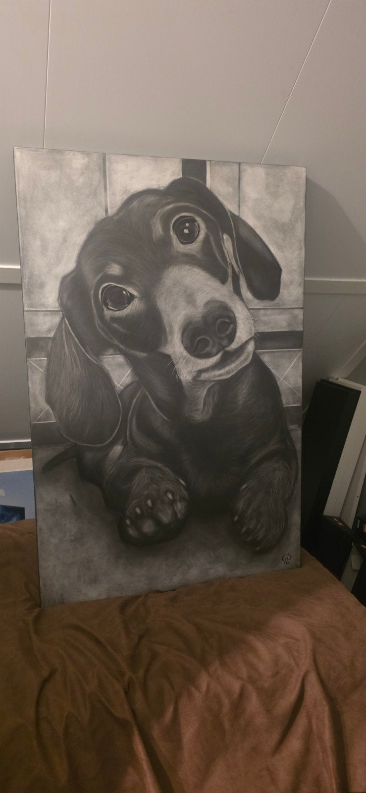 Handgetekend portret van een teckel, Ophalen, Tekening, Potloodtekening, Gesigneerd