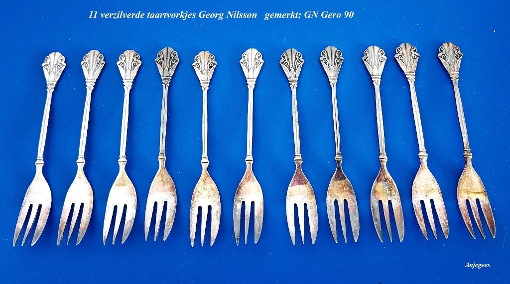 11 verzilverde taartvorkjes GN Gero 90 antiek, Ophalen