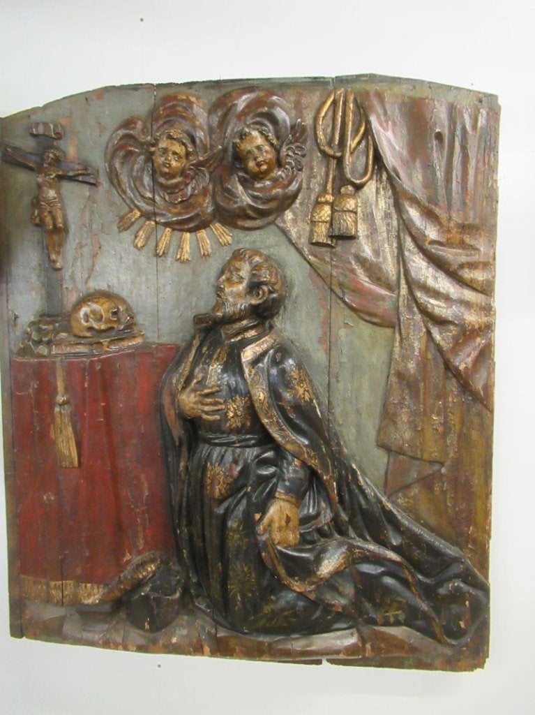 Oer 11622  17/18e eeuws gepolychromeerd eiken bas reliëf, Antiek en Kunst, Ophalen