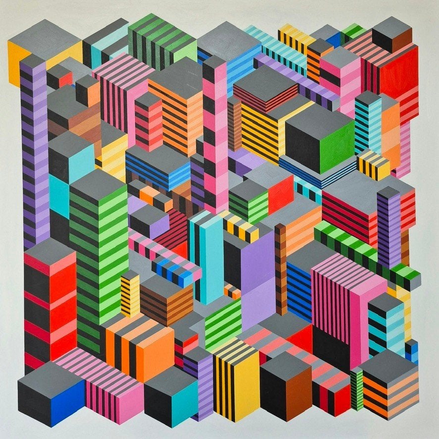 Schilderij Franklin van Dam - Geometrische Stad / Blokken, Ophalen of Verzenden, Hout, Acrylverf, Abstract