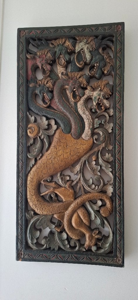 BALI 7 KOPPIGE DRAAK Uniek Handgestoken Wandpaneel, Ophalen, Houtsnijwerk, 50 - 100 cm, Scène
